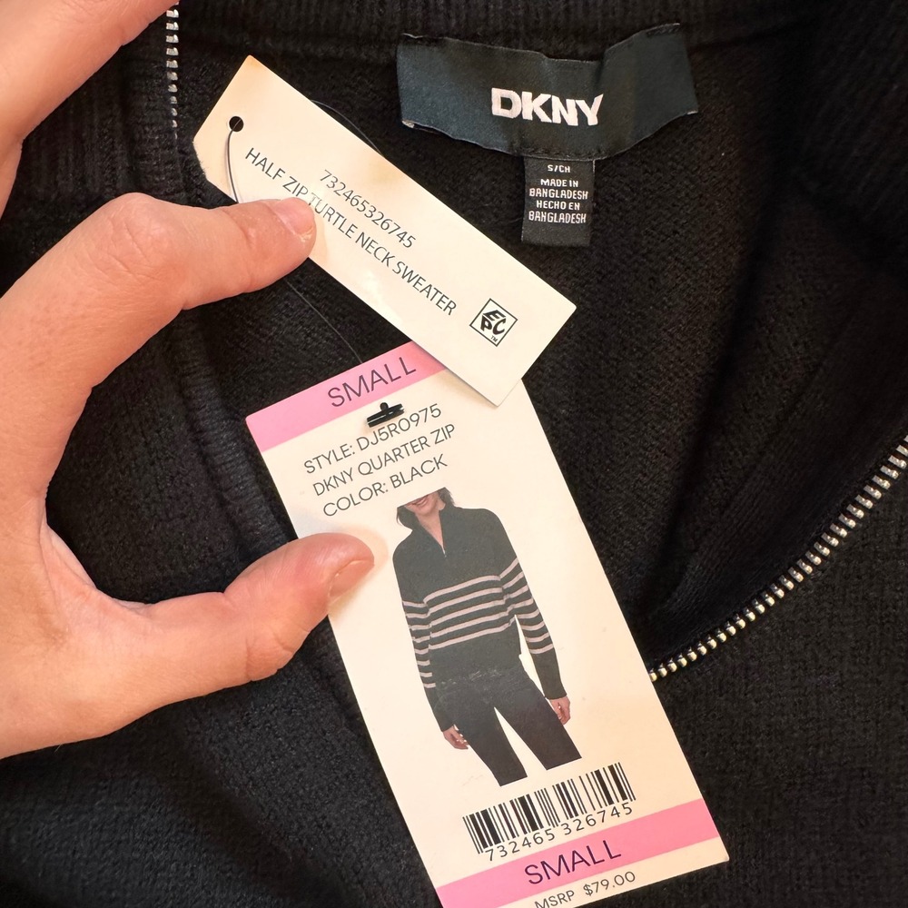DKNY Womens Striped Quarter Zip Sweater Black White Knit Pullover Small - Picture 7 of 8